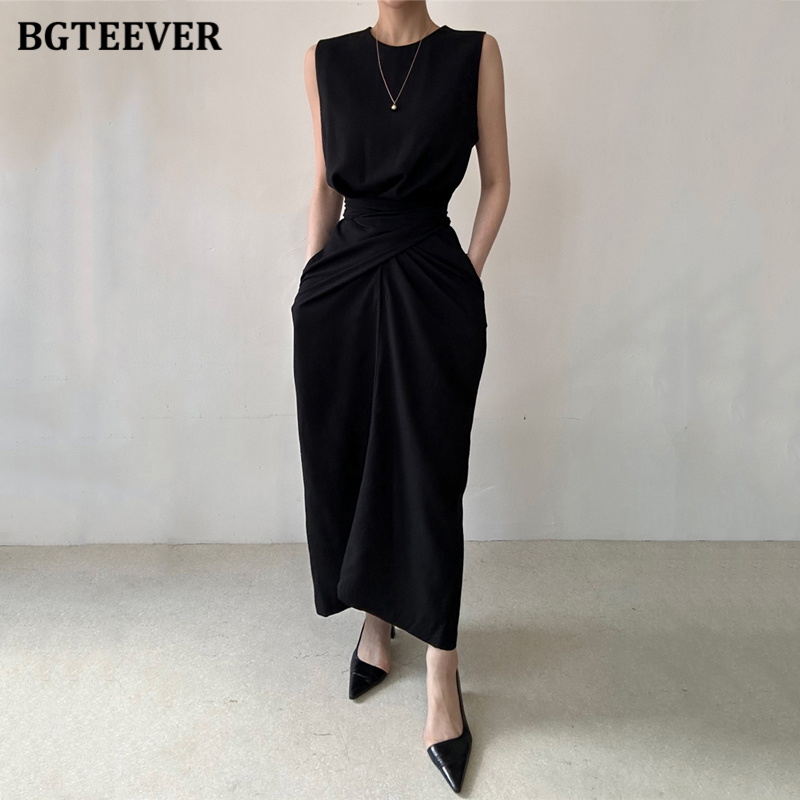 BGTEEVER Stylish O-neck Slim Waist Lace-up Female Bodycon Dress Summer Sleeveless Women Cotton Dress: black