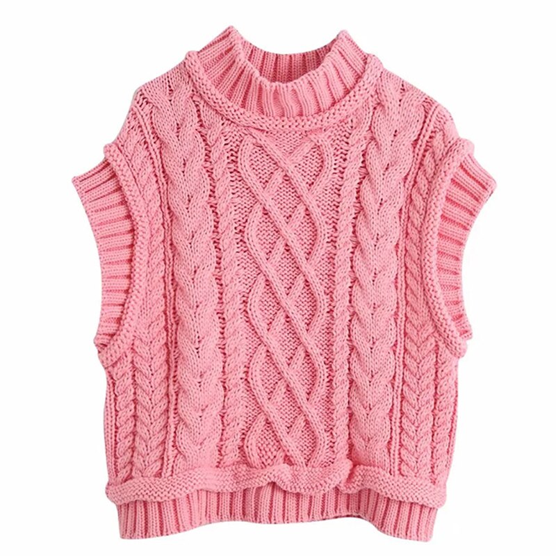 Pen rosa genser vest dame kabelstrikket ermeløs strikk genser genser genser cropped bomull genser tank: S