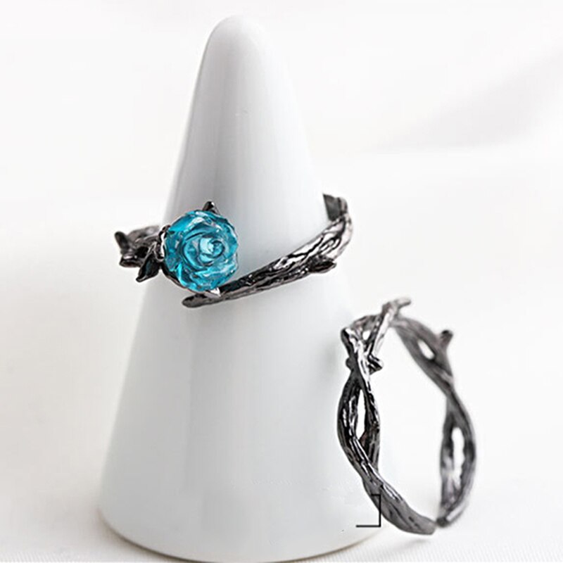 Retro Creatieve Paar Ringen Zwarte Kleur Rose Bloemen Doornen Vinger Ring Blauw Open Vintage Ringen