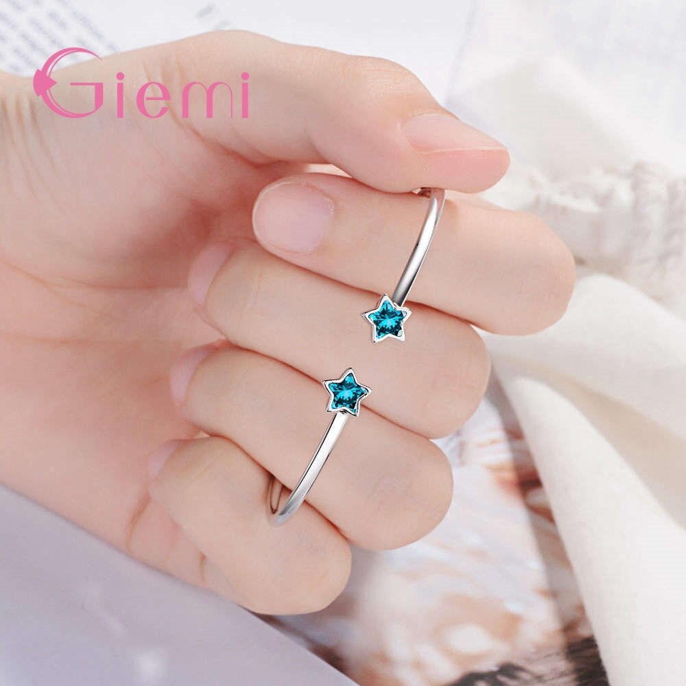 Pulsera abierta de Plata de Ley 925 para mujer, Simple, dos lindos, estrella azul, joyería de San Valentín, de amor