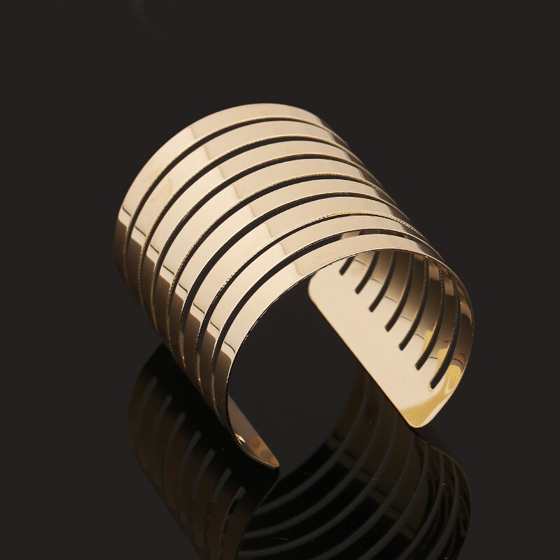 Goud Zilver Kleur Hollow Brede Manchet Armbanden Armbanden Voor Vrouwen Mannen Punk Geometrische Lichtmetalen Open Grote Armband Mode-sieraden