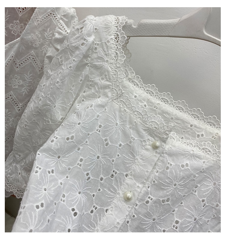 Chic broderi blondebluse kvinder toppe sommer udskæring vintage fransk firkantet krave kausal hvid skjorte kvinder blusas