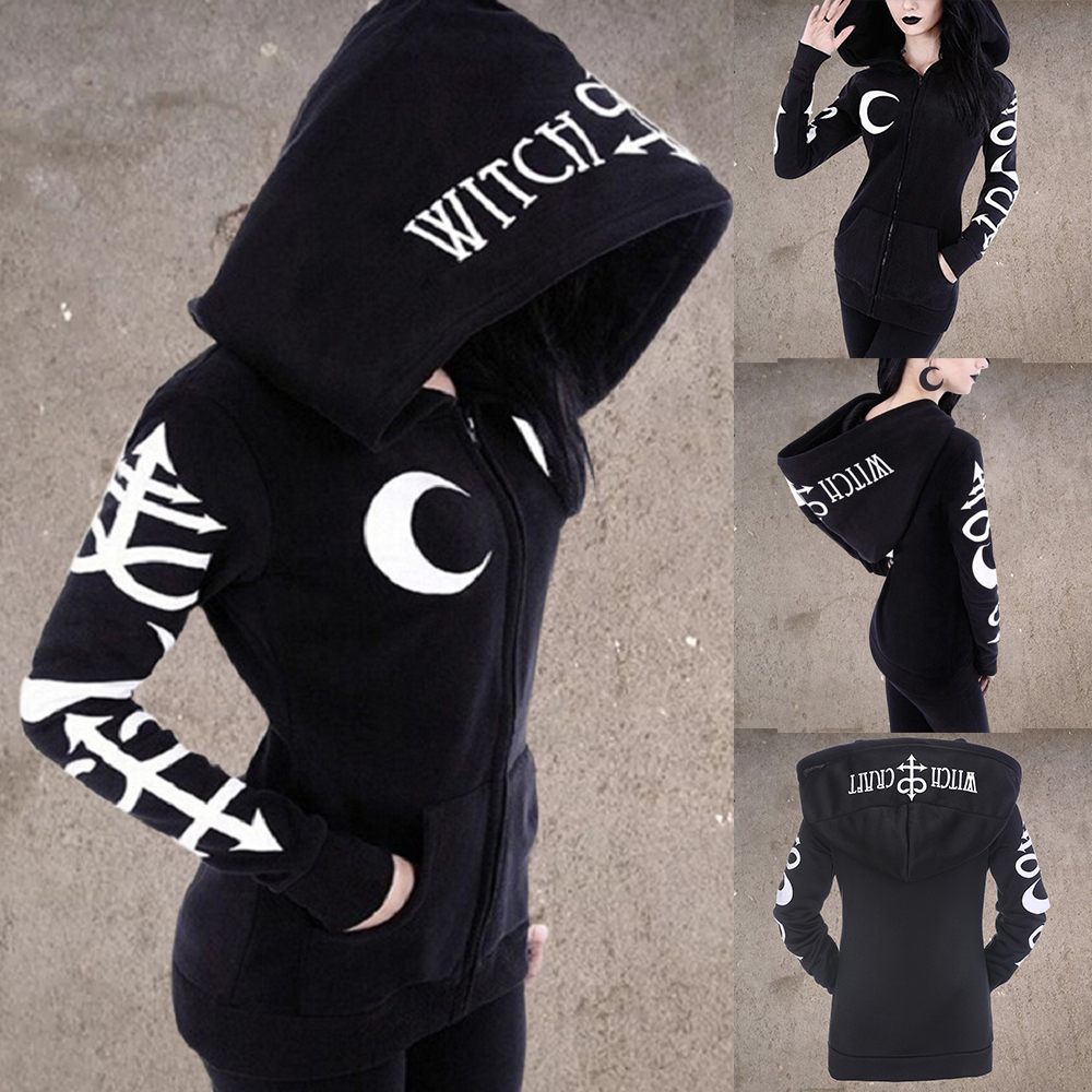 Vrouwen Gothic Hoodies Winter Harajuku Maan Brief Print Zwarte Vrouwelijke Sweatshirts Casual Pocket Hooded Zipper Punk Sweatshirt