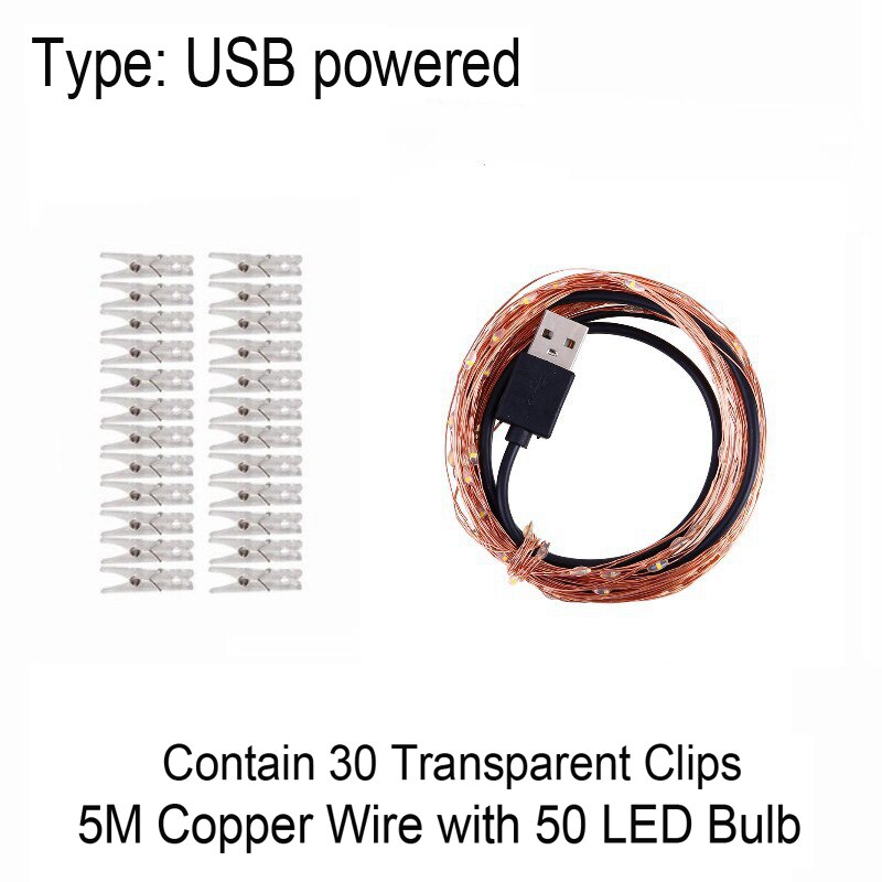 Photo Clip String Lights Battery Powered Room Decoration Fairy String Lights for Hanging Pictures Cards Party Christmas Decor: 5M USB / White