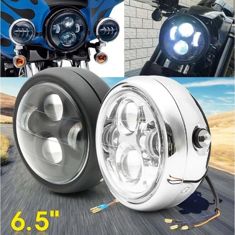 6.5 & #39 ; i motorcykel universal sort/krom rund led forlygte nærlys cafe racer