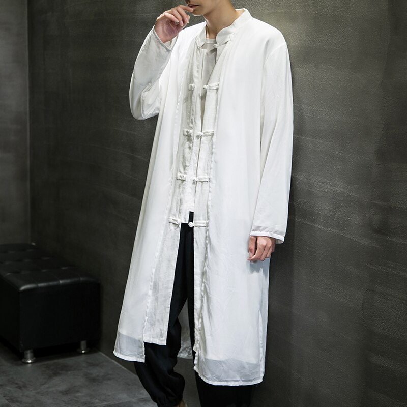 Chinese Traditional Dress Plus Size Long Robe Ancient Style Chiffon Hanfu Men Clothing 2022 Kung Fu Tai Chi Casual Coat Male: White / 5XL