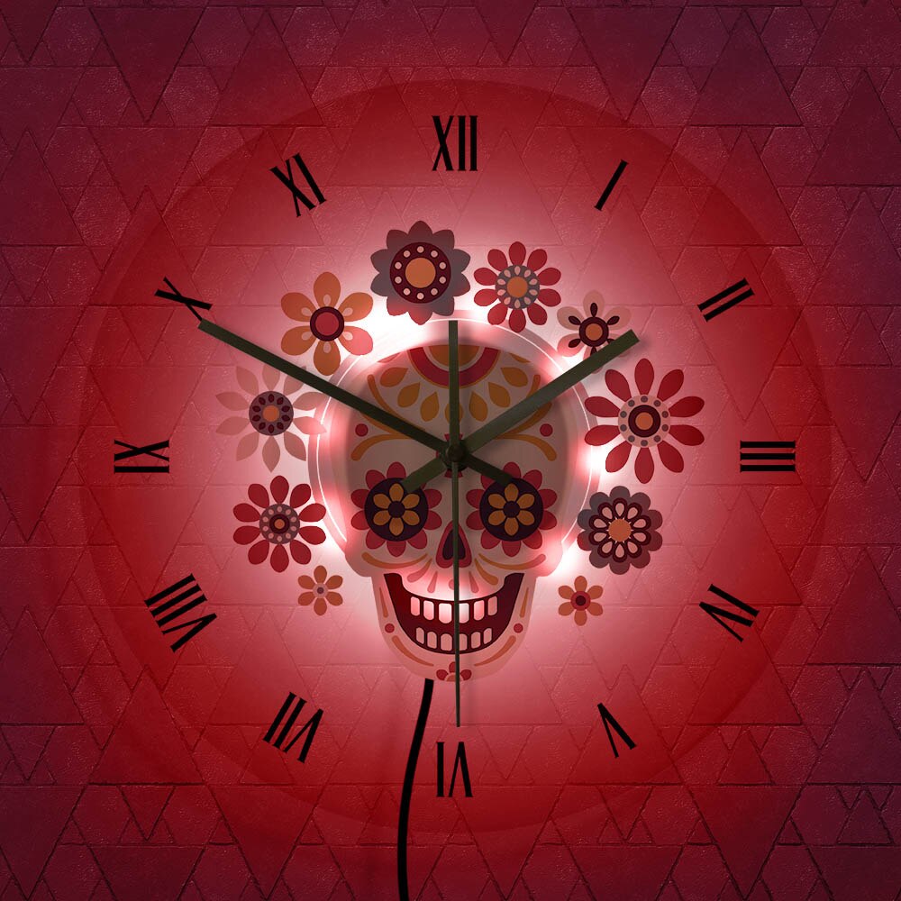 Meksikolainen kukka sokeri kallo kuolleiden päivä morden riippuva yövalo dia de los muertos seinäkello led -taustavalolla