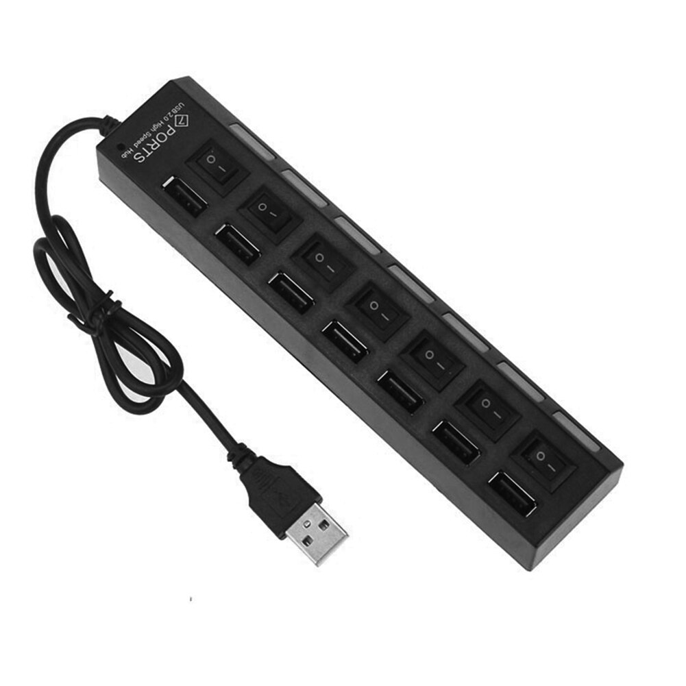 7 USB 2.0 Charge Hub Portable LED Indicator Light 7 Ports USB 2.0 Adapter Charge Hub with Switch: Black