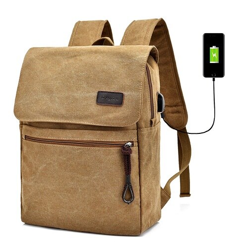 Mochila masculina de lona, mochila com carregador usb, mochila de viagem de grande capacidade para homens, mochila escolar masculina: Cáqui