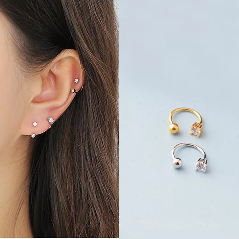 925 Sterling Silber Ohrring Persönlichkeit Zirkon Haken Halbe Kreis Schraube Ohrring Ohr Knochen Nägel Wilde Weibliche Silber Schmuck