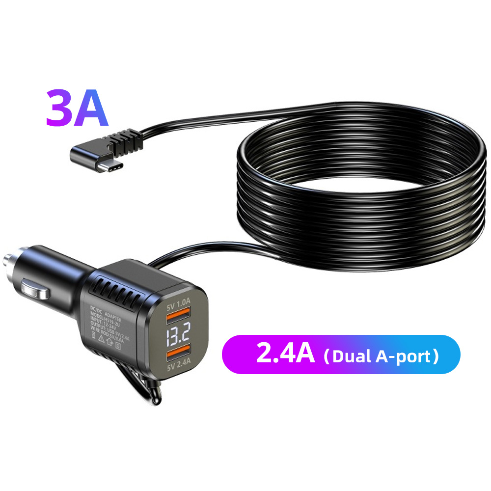 3m type c dashcamkabels, 5v snellaadkabels 2a usb-c voedingskabels voor auto-dvr-camera's, gps-recorders, lange kabeladapter, oplader: Zwart