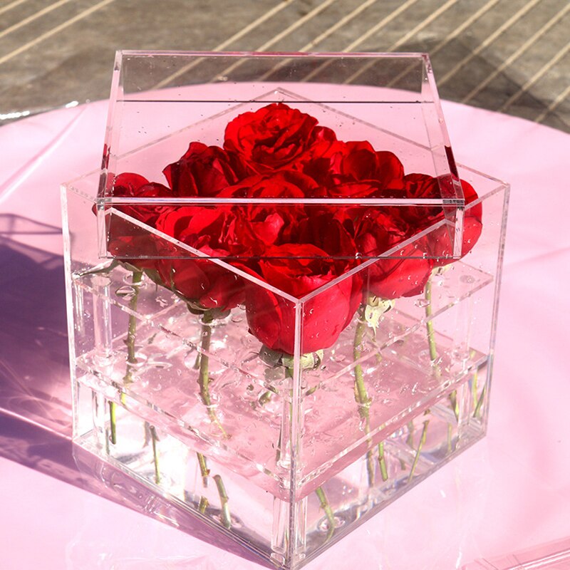 Acrylic Rose Flower Box Makeup Organizer Artificial Flower Bouquet Valentine's Day Wedding Decor Box
