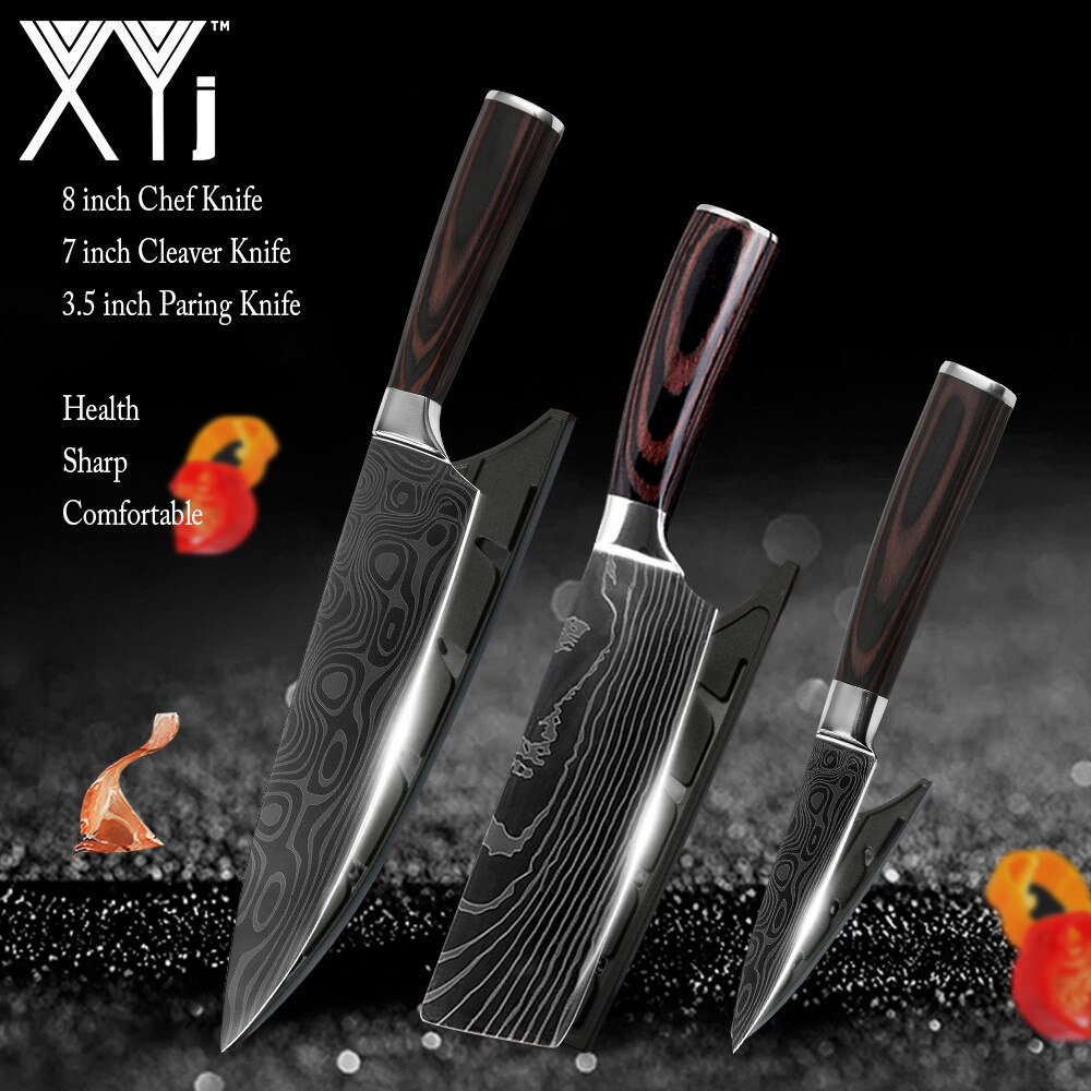 Japanse Keuken Mes Set Mes Covers Uitbenen Brood Eviscerate Gesneden Fruit Scherpe Nut Santoku Damascus Patroon Koken: 3 Pcs Value set 01