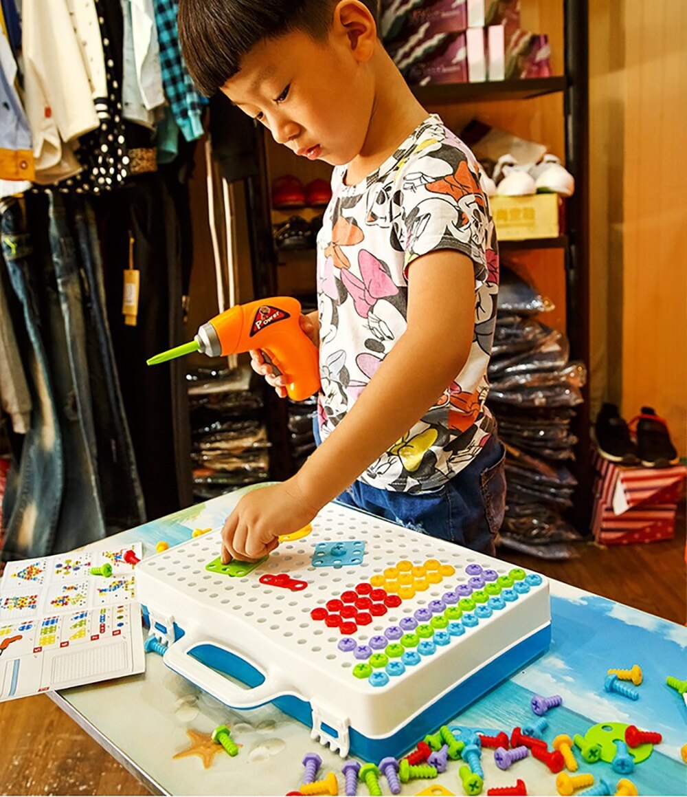 Drill aktivitetscenter drill & play pædagogisk legetøj med ægte legetøjsboremaskine - mosaik byggelegetøj værktøjssæt