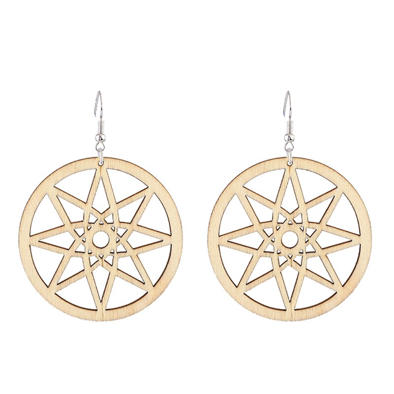 Retro Round Wood Earrings for Women Casual Original Hollow Eight-pointed Star Geometric Wooden Jewelry: C3