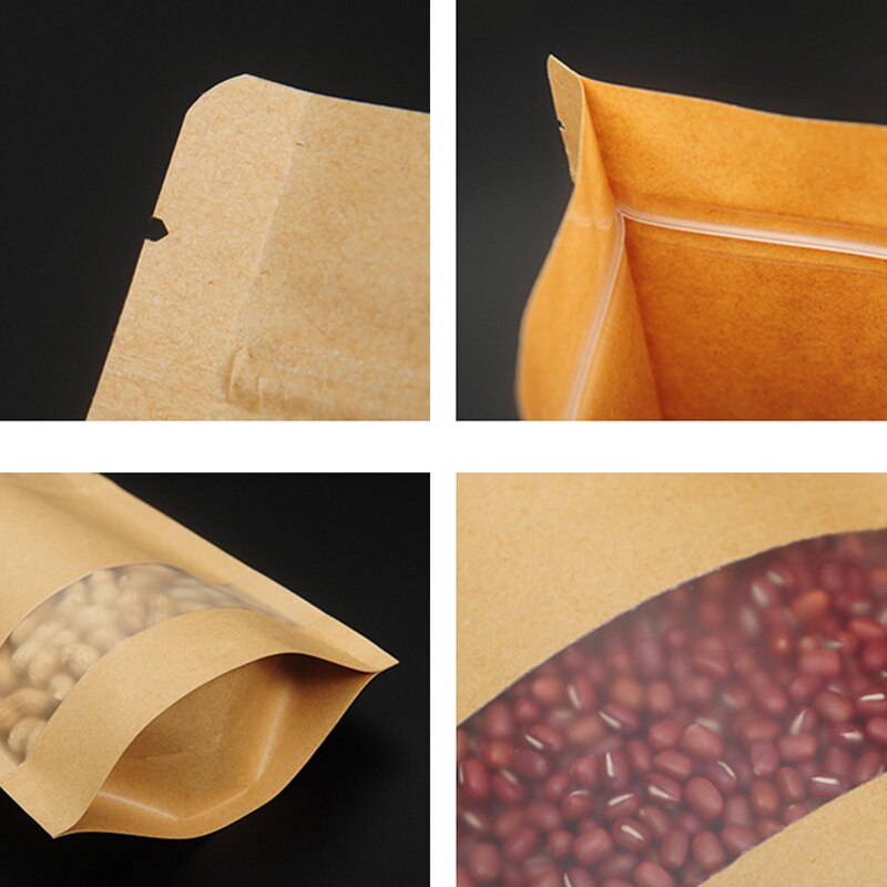 10Pcs/lot Kraft Paper Zipper Bag with Window Resealable Zip Lock Heat Seal for Food Fruit Tea Packaging Stand up Bags