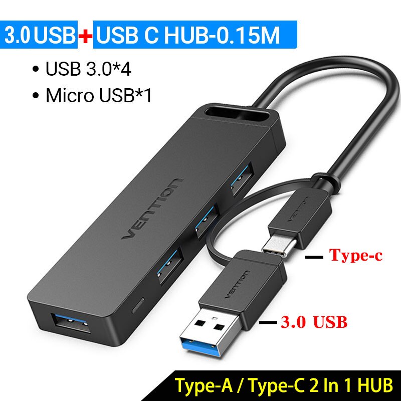 Vention USB HUB 4 Port USB 3.0 2.0 Splitter With Micro USB Power Port Multiple High Speed OTG Adapter for Computer Laptop phone: Black CHTBB