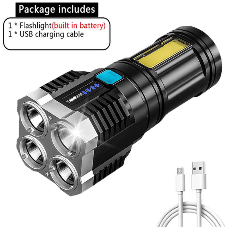 Powerful Flashlight USB Rechargeable Work Light Ultra Bright Torch Lamp Built in Battery Camping Led Flashlights With Side Light: Type C