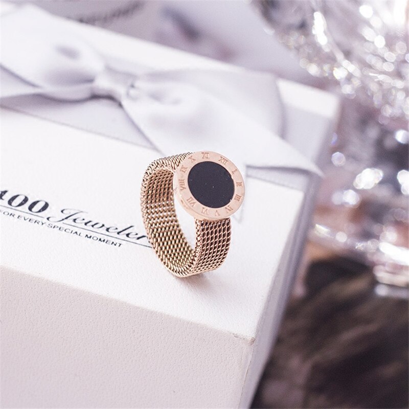 YUN RUO Rose Gold color 316L Titanium Steel Roman Numerals Woven Mesh Cheap Ring Woman Jewelry Never Fade: 7