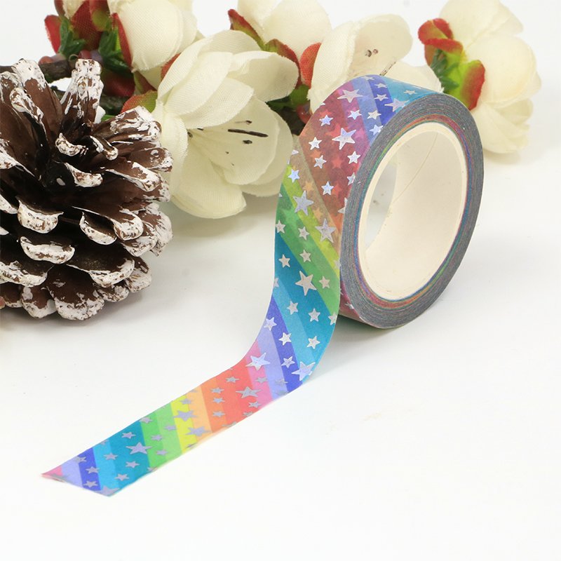 1 unidad. Cinta Washi de estrellas arcoíris de lámina plateada decorativa de 10M para planificador, pegatinas adhesivas para álbum de recortes, cinta adhesiva, papelería Kawaii bonita