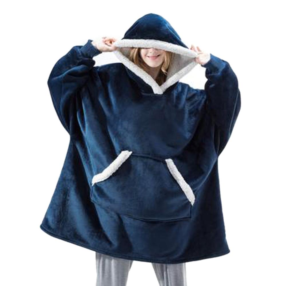 Flanel Hoodie Deken Warme Zachte Gewaad Sweatshirt Trui Fluwelen Dikke Deken One Size Fits All Mannen Vrouwen Hoodies Jassen: Navy Blue