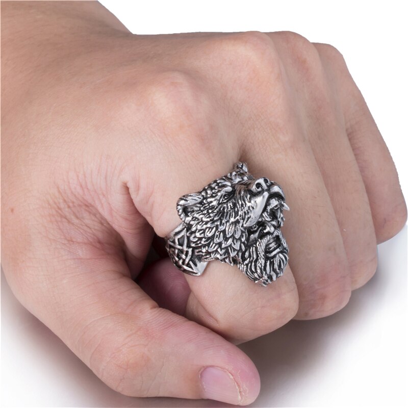 Elfasio Man Stainless Steel Ring Viking Bear Warrior Titanium Silver Black Punk Biker Rings SIze 7-14