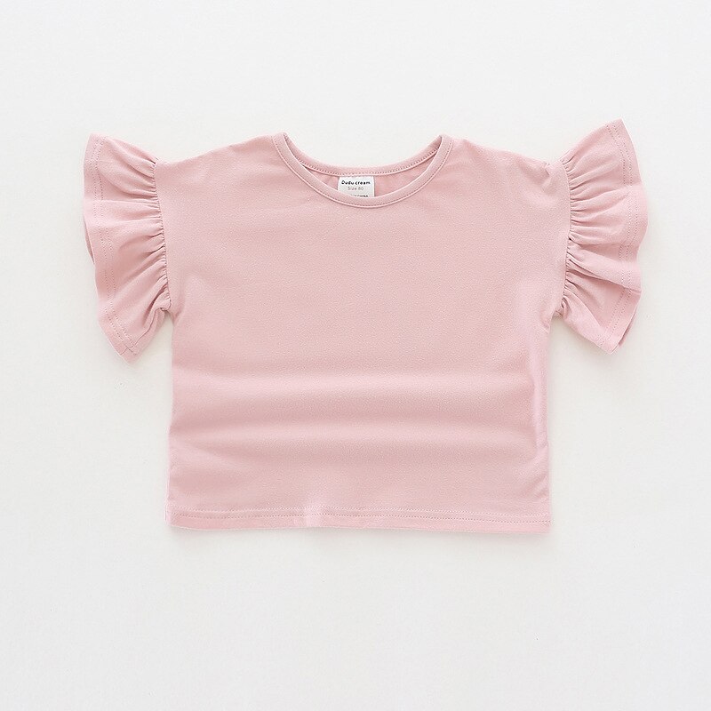 Zomer Meisje Katoenen Casual T-Shirt Effen Kleur Korte Ruffle Mouwen Stijl Baby Kinderen Pasgeboren Meisjes Sweatshirt Tops