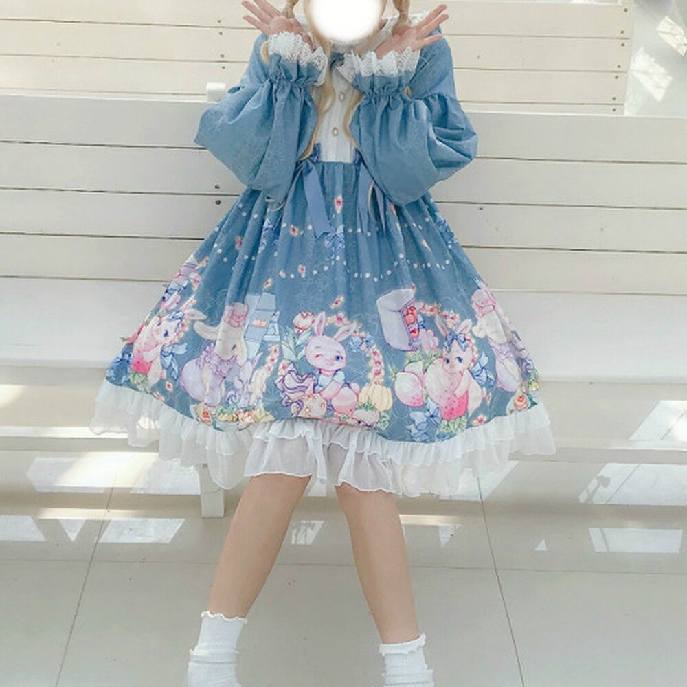 Japonés de chicas vestido Lolita OP vestido sombreros dulce Kawaii lindo vestido-Vestido largo de manga de las mujeres ropa estampada Vestidos AFC536: Green OP