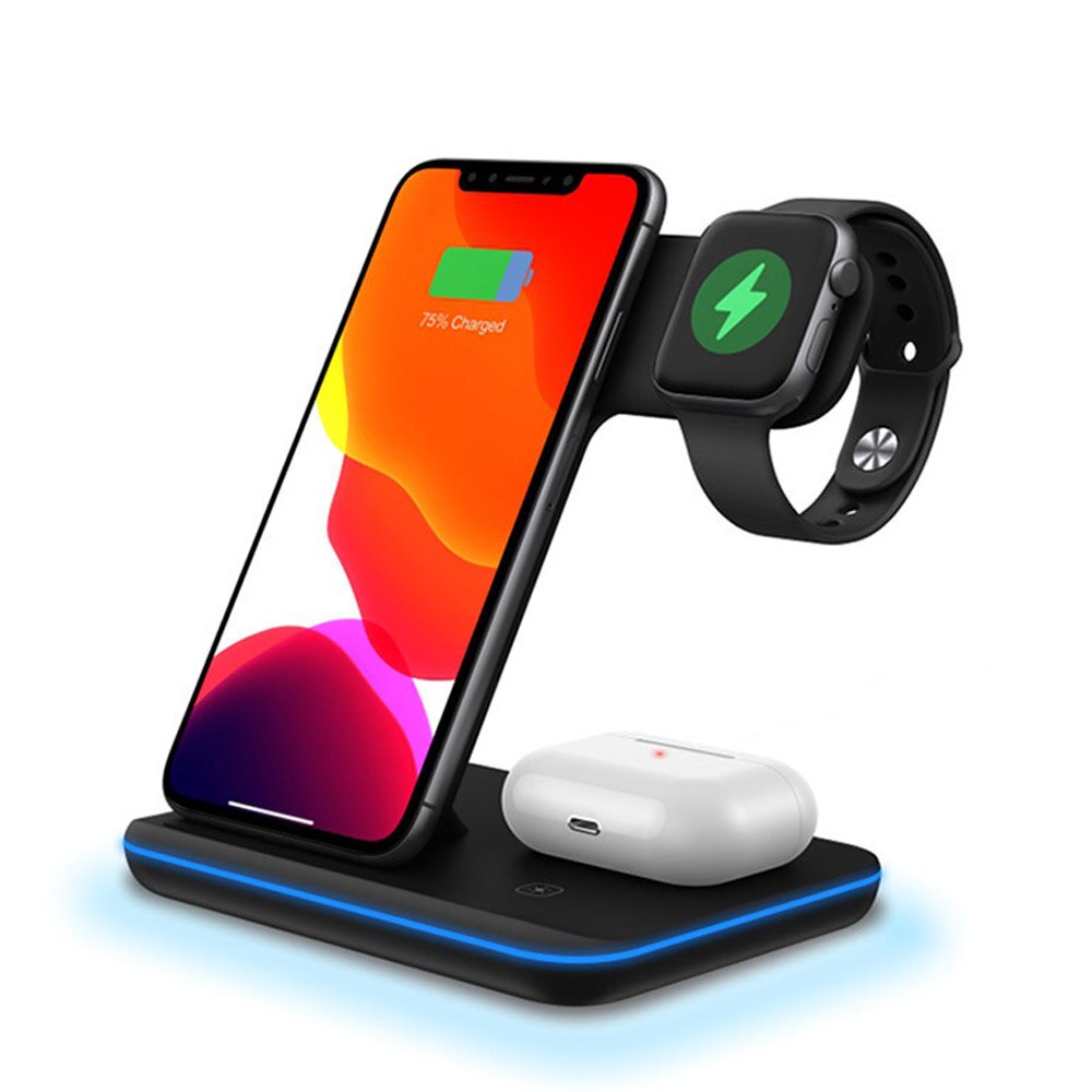 3 en 1 15W rapide Qi support de chargeur sans fil pour iPhone 11 XS XR X 8 SE2 Samsung S20 pour Apple Watch 5 4 3 Airpods Pro Galaxy Dock: Black