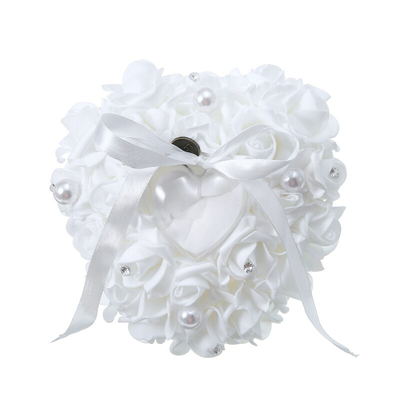 En forma de corazón de marfil Flor de satén proponer anillo cojín caso titular de anillo de ceremonia portador del matrimonio decoración de la boda