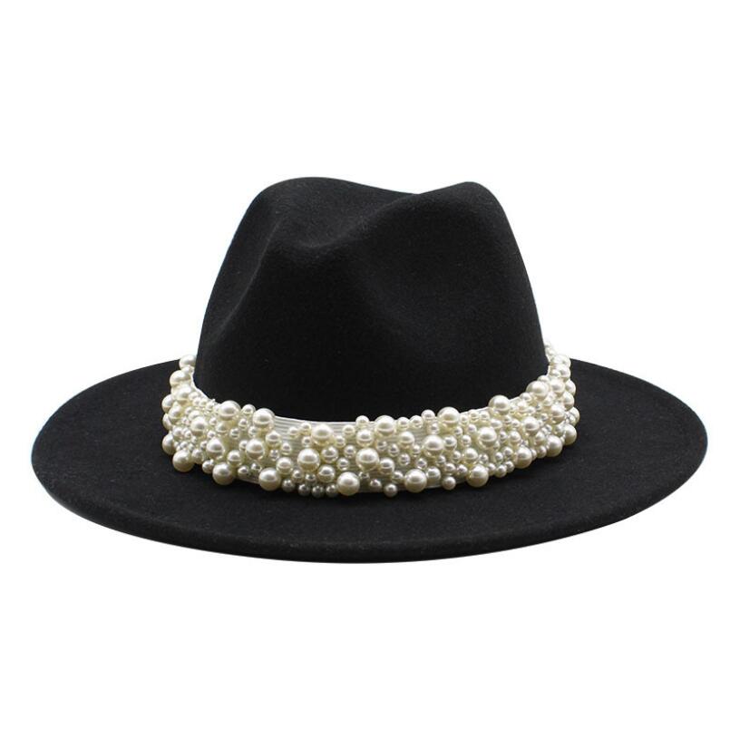 femmes hommes feutre Fedora chapeaux décontracté hommes femmes Imitation perle ruban bord Trilby formel casquette de fête