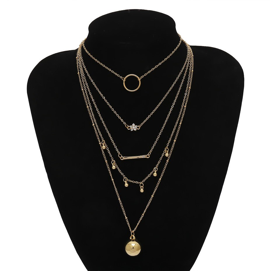 Ingesight. Z 2 Stks/set Multi Layer Kleine Cirkel Crystal Choker Ketting Voor Vrouwen Kleine Bal Kwastje Hanger Kettingen Sieraden: Gold Color