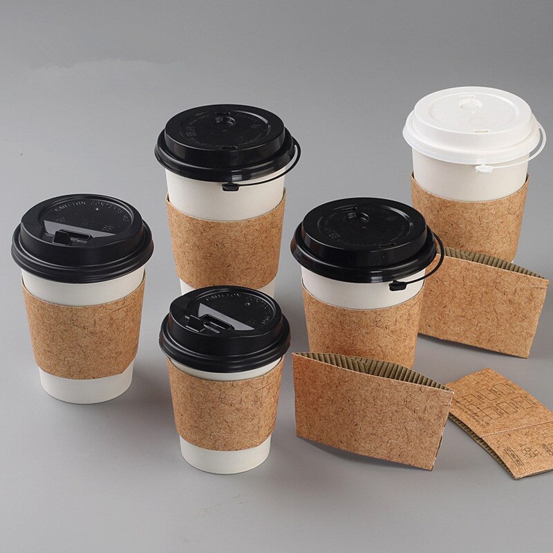 50pcs white disposable coffee cups cold drink tea takeaway packaging paper cup with lid and kraft paper sleeve