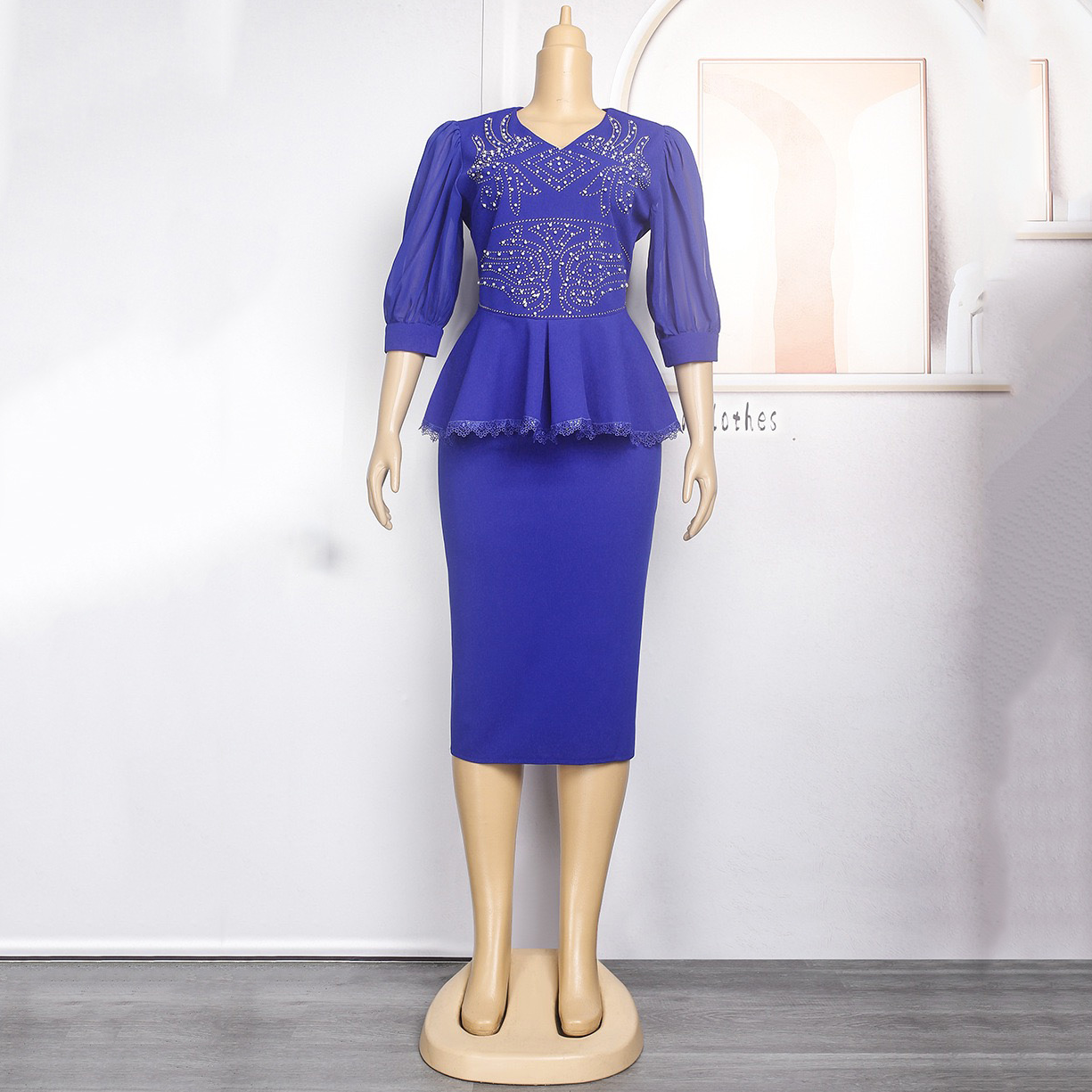 Eleganti gonne africane da 2 pezzi impostato camicetta e gonne aderenti con scollo a V con diamanti Abiti femminili di lusso alla moda impostato di gonne abbinate