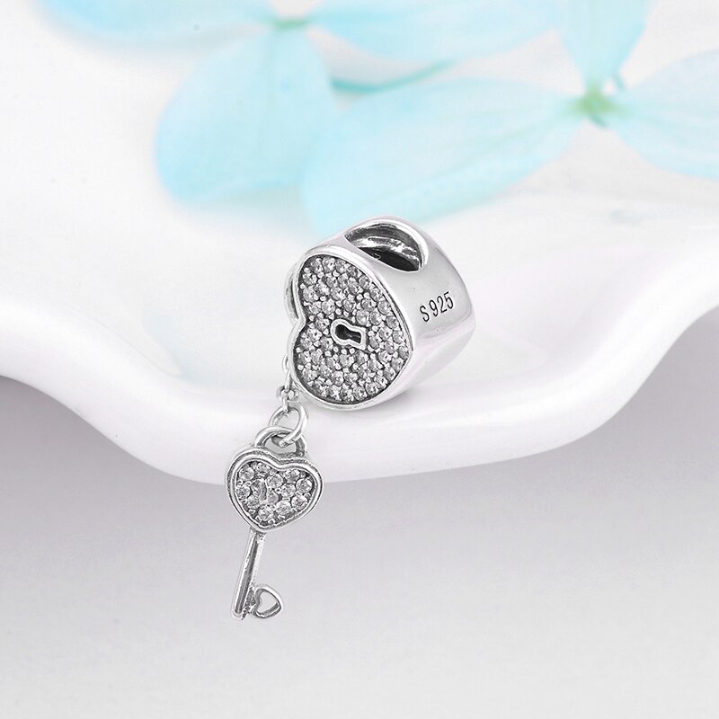 Full Crystal CZ Lock Key Hearts 925 Sterling Silver Charm Beads fit Original European Style Charms Bracelet Jewelry Making