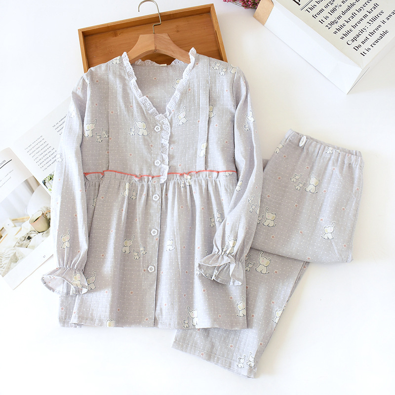 Fdfklak 2 stk sæt bomuld barselspleje nattøj forårs nattøj til gravide efterår graviditet pyjamas: Lilla / L