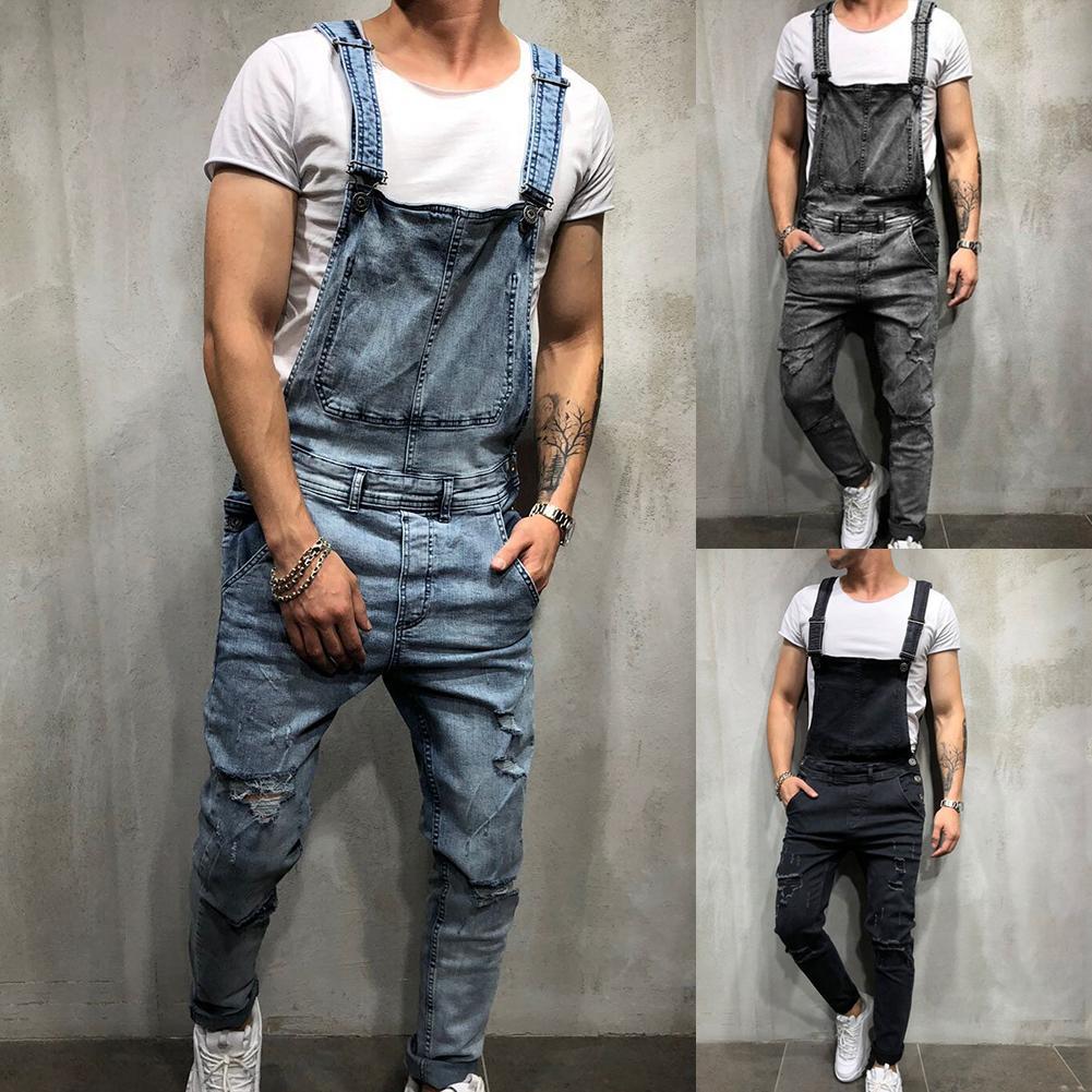 SALES! Retro Summer Men Ripped Denim Overalls Destroyed Hole Long Pants Jeans Jumpsuit