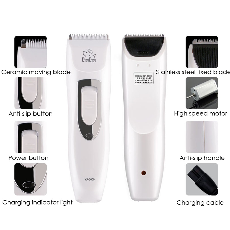 KUKU KP3000 Electric Dog Hair Trimmer Rechargeable Sharp Pet Hair Clipper Dog Grooming Haircut Shaver Machine White
