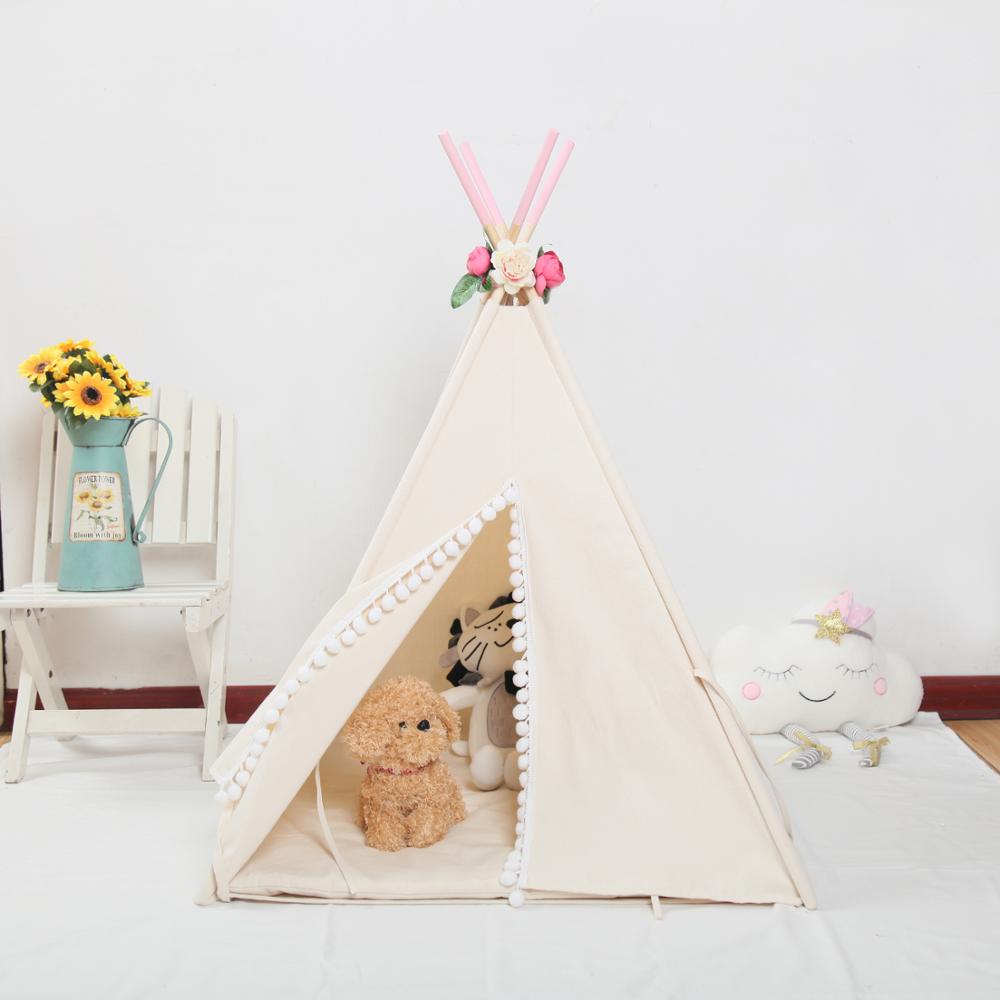 Natural Canvas PomPoms Hedgehog Teepee Guinea Pig Bed, Small Pet Teepee,Pet Tipi