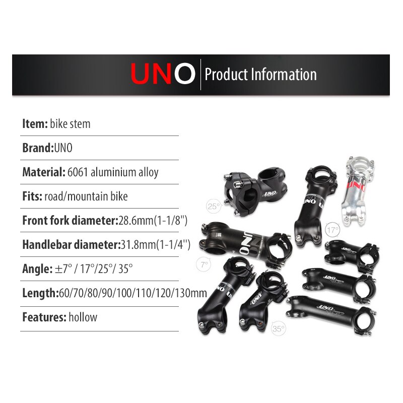 UNO Bike attacco manubrio bicicletta 1-1/2 "1/4mm Riser manubrio per BMX MTB Road Bike 7/ 17/ 35 gradi da 60mm a 31.8mm lega di alluminio
