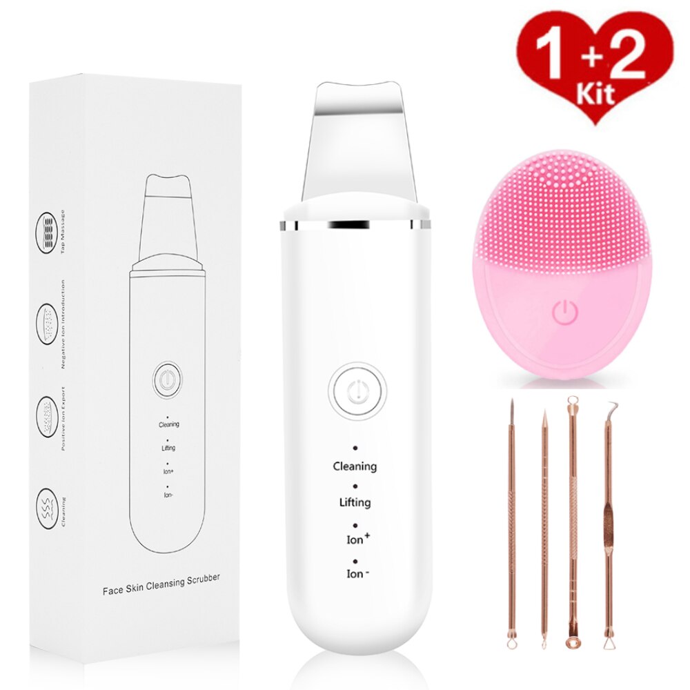 Ultrasonic Skin Scrubber Vibrating Face Blackhead Remover Facial Scrubber Peeling Facial Lifting Tool Facial Cleaner Brush: white set