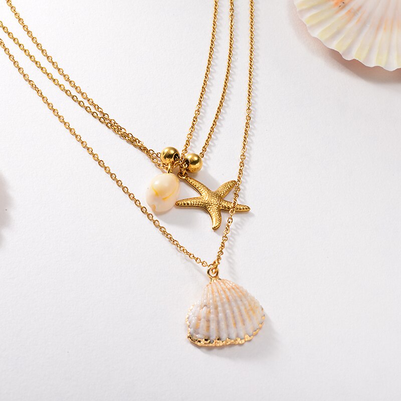 BAOYAN Boho Multi Gelaagde Rvs Kettingen Gouden Zeester Seashell Hanger Kettingen Wit Natuurlijke Shell Kettingen Vrouwen