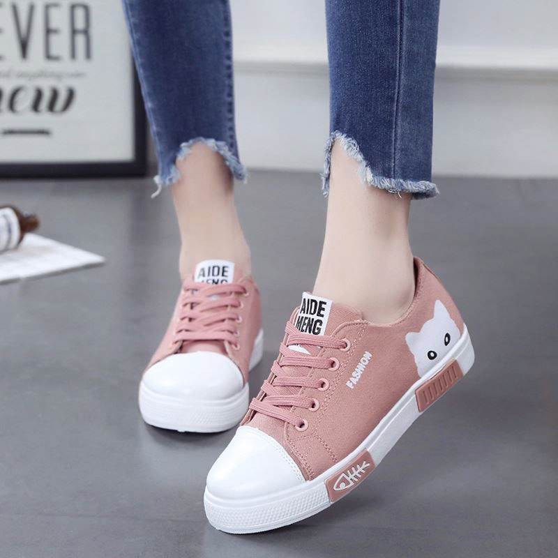 Kvinnor skor kvinnor lägenheter canvas skor platå sneakers kvinnor snörning tecknad katt dam board skor vita kvinnliga skor
