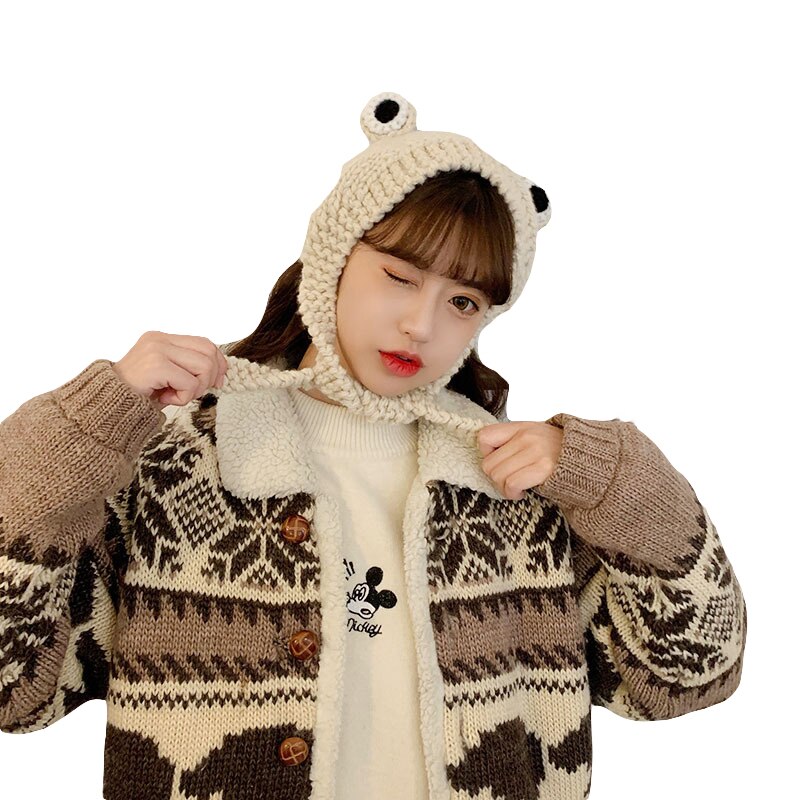 Cute Big Eyes Frog Hat Woman Woolen Knitted Hat Outdoor Hat Short Winter Children Long Hat Korean Student Hat Christmas: BG