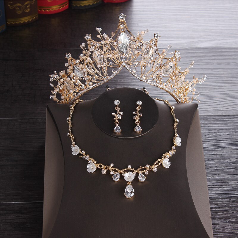 Conjunto de joias de casamento estilo barroco, retrô, strass, ouro, tiara, coroa, colar, casamento, noiva, luxo: 3Pcs Gold Sets