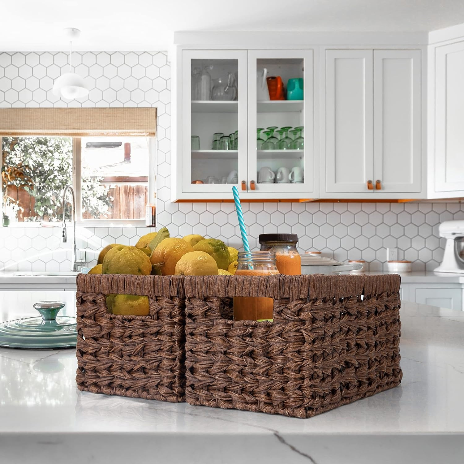 Rectangle Wicker Storage Baskets for Shelves Organizing,Waterproof Woven Storage for Toilet Shelf Baskets,Laundry Room,Brown