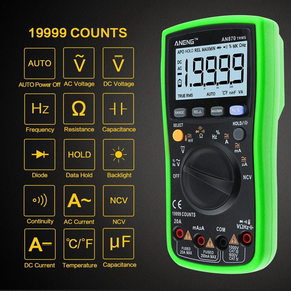 ANENG AN870 multímetro Digital, 19999 cuentas valores eficaces verdaderos ACDC óhmmetro voltímetro de La capacitancia de frecuencia temperatura Transistor Tester