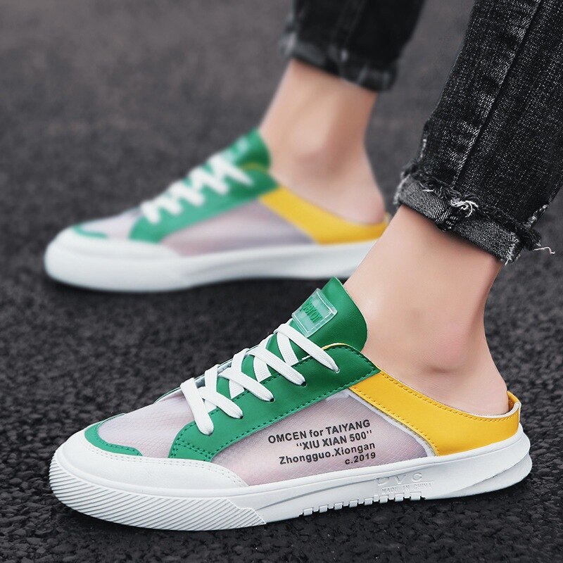 Chaussures paresseuses à une pédale pour hommes, demi-pantoufles d'été, en maille, baskets respirantes, nouvelle tendance étudiant,