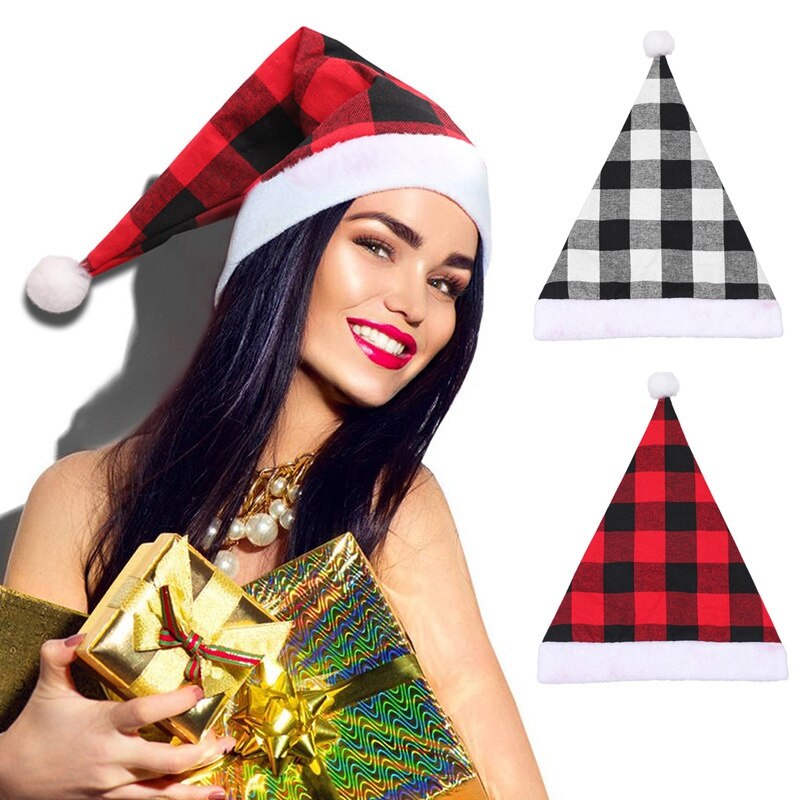 Kerst Hoed Voor Kerstman Zwart En Rood Plaid Kerst Hoed Met Hairball Xmas Cap Ornament Voor Party jaar Decor