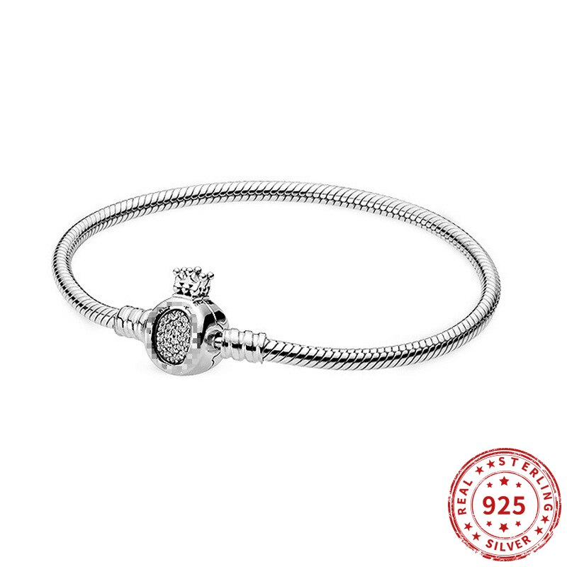 Genuine 925 sterling silver zircon crown o-shaped bracelet, fits original pandoula pearl charm, women's bracelet jewelry